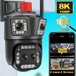 Cameras 8K 16MP WIFI IP Camera Outdoor 12X Optical Zoom Four Lens Three Screen 5K Waterproof Security Cam Mini 360° WiFi Surveillance