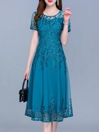 Blue Casual Chiffon Mesh Korean Long Dress Summer Women Tunics Midi Fashion Elegant Prom Evening Dresses Short Sleeve 240328
