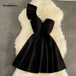 Women Black White Ruffled One Shoulder Sleeveless Mini Dress Strapless Mesh Patchwork High Waist A-Line Party Vestidos 2024