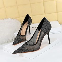 Dress Shoes ZOOKERLIN High Heels Woman Stiletto Women's Pumps Pointed Sexy Mesh Lace Sequin Breathe Sandals Summer Ladies
