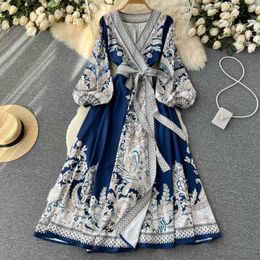 Urban Sexy Dresses Casual Dresses Designer Runway Women V Neck Maxi Dress Elegant Spring Flower Print Green Lacu Up Bow Ladies Holiday Long Vestidos