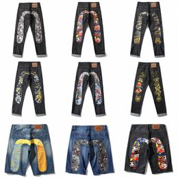 evisue jeans short jeans M-shaped Embroidery Straight Tube Wide Leg Pants Hip Hop Y2k Edge Street size 28-40 I5p9#