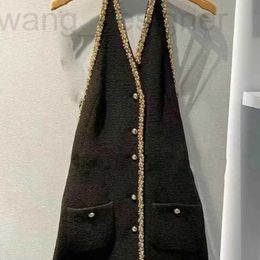 Basic & Casual Dresses designer MIU Black Heavy Industry Nail Bead Set Diamond Dress with Open Back Sexy Design Sense Hanging Neck Skirt Celebrity Winter SOHF