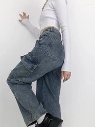 Women's Jeans Elastic Waist Pocket Mom Straight High Denim Women Cargo Pants Autumn Spring Boyfriend For Chic