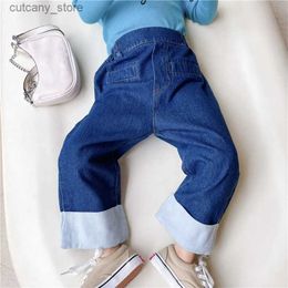 Trousers 2022 spring boys and girls jeans retro Japanese and Korean sty contrast Colour Trousers cuff wide-g pants childrens pants L46