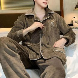 Home Clothing 2 Pcs/Set Men Winter Pyjamas Set Lapel Buttons Single-breasted Sleepwear Loose Warm Soft Wide Leg Homewear Top Pants