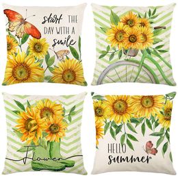 Throw Pillow Covers Christmas Decorative Couch Pillow Cases Cotton Linen Pillow Square 18x18 Inches Cushion Cover for Sofa Couch Bed and Car Sunflower Set of 4