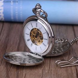 Pocket Watches 10 pieces/batch fashionable silver smooth steel steampunk mechanical pocket mens necklace pendant Fob L240402