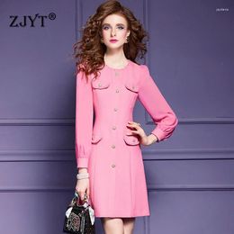 Casual Dresses ZJYT 2024 Spring Sweet Pink Mini For Women Long Sleeve Elegant Beading O Neck Simple Dress White Khaki Vestidos