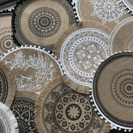 Table Mats 6pcs Round Mat Woven Jute Placemats Anti Slip Dining Heat-resistant Tableware Bowl Pad Kitchen For Home Wedding