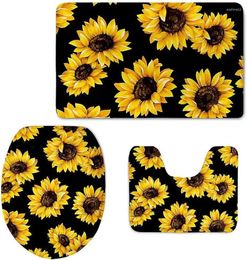 Bath Mats 3 Piece Mat Set Sunflowers Printed Non-Slip Bathroom Contour Toilet Cover Rug