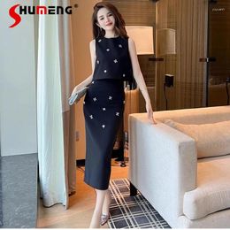 Work Dresses French Style Age-Reducing Temperament Sleeveless Suit Skirt High Waist Slimming Hepburn Black Two-Piece Sets Women Clothes