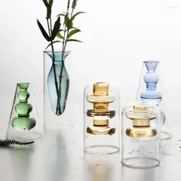 Vases INS Creative Simple Colorful Double Layer Glass Transparent Vase Home Decoration Props