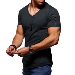 Summer Mens V Neck T Shirt Fitness Bodybuilding Tshirt High Street Short Sleeved Zipper Casual Cotton Top Plus Size S-5XL240402