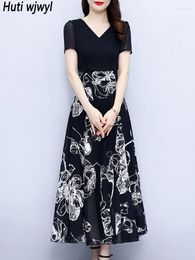 Party Dresses Summer Elegant Casual Beach Holiday Dress 2024 Patchwork Floral Chiffon Maxi Women Vintage Black Hepburn Midi