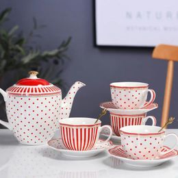 Cups Saucers European Stripe Spots Ceramic Coffee Cup And Saucer Set French Household Afternoon Flower Tea With Dish Spoon Drinkware