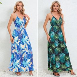 Casual Dresses Women Beach Dress Floral Print Backless Sleeveless Ankle Length V Neck Vacation Holiday Summer Strappy Maxi
