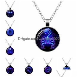 Pendant Necklaces 12 Zodiac Sign Necklace Glass Cabochon Double Galaxy Constellation Horoscope Astrology For Women Men Jewelry Drop De Dhxs3