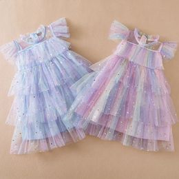 Summer Girls Children Sequins Mesh Layers Cake Rainbow Vestidos Princess Dress Kids Clothes Birthday Party Prom 38Yrs 240325