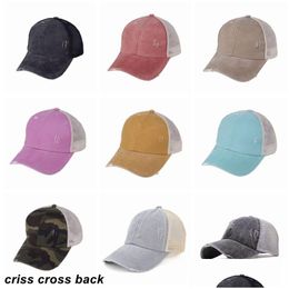 Party Hats Criss Cross Mesh Back Baseball Cap 10 Colors Washed Died Messy Bun Ponycap Trucker Hat Drop Delivery Home Garden Festive Su Dhdfu