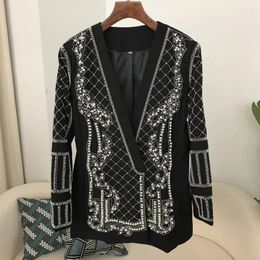 Women's Suits Blazer Coat Fashion Handmade Pearl Beaded Shawl Collar Hidden Breasted Long Sleeve Suit Jackets Spring 2024