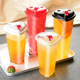 Disposable Cups Straws 50pcs Heart Shape Milk Tea Cup Clear Creative Plastic 500ml 700ml Thick Juice Beverage Packaging With Lids