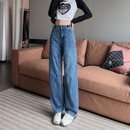 Verstellbare Taille hohe Taille Weitbein -Jeans Damen 2024 Feder- und Herbst New Lose Slim und Slim Schlankheitsfloor Slam Hosen