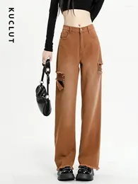 Women's Jeans KUCLUT Ripped For Women Denim Pants Washed Brown Vintage High Street Straight Korean Fashion Waisted Trousers