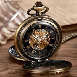 Pocket Watches New 2 Sides Open Gift Carving Mechanical Pocket Men Women FOB Hand Wind Double Hunter Roman Numerals L240402