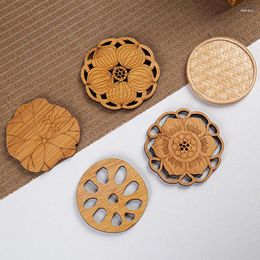 Table Mats 1 Set Lotus Flower Design Round Shape Wooden Coasters With Rack Cork Cup Mat