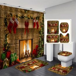 Shower Curtains Merry Christmas Curtain Stocking Fireplace Polyester Bathroom Rug Toilet U-Shape Mat Lid Cover Pad