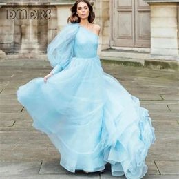 Casual Dresses Ice Blue One Shoulder Tulle Evening Dress For Women Pleated A Line Formal Gown Party Prom Birthday Pos
