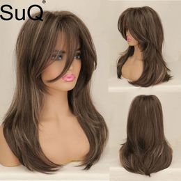 SuQ Synthetic s for Women Ombre Brown Blonde with Bangs Long Wavy Cosplay Natural Heat Resistant 240327