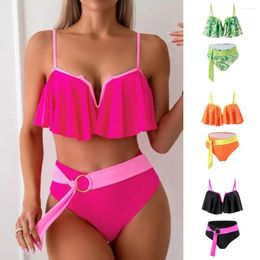 Women's Swimwear 2Pcs/Set Women Sexy Bikini Set V-neck Sling Ruffle Hem Bra High Waist Ribbon Swim Briefs Beachwear