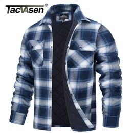 TACVASEN Winter Plaid Cotton Jackets Mens Long Sleeve Quilted Lined Flannel Shirt Jacket Multi-Pockets Outwear Hiking Coats Tops 240329