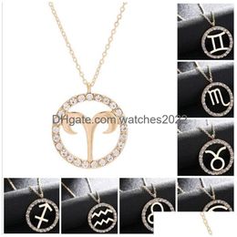 Pendant Necklaces 12 Zodiac Constellation Necklace Gold Chain Virgo Libra Scorpio Sagittarius Capricorn Iced Out Circle Diamond Gift J Dh8Bk