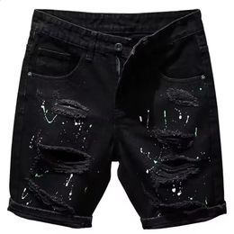 Summer Mens Black Denim Shorts Fashion Washable Elastic Slim Fit Five Point Middle Jeans Shorts 240329