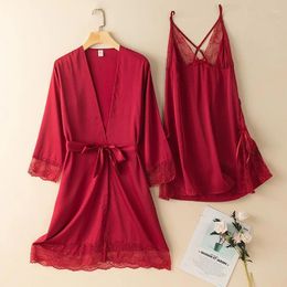 Home Clothing Burgundy Silk Satin 2PCS Robe Suit For Women Summer Sexy Intimate Night Dress Sweet Lace Bow Sleepwear Pijama Nightwear