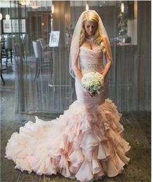 2024 Blush Pink Tiered Mermaid Wedding Dresses Pleats Sweetheart Neckline Long Gorgeous Bridal Gowns With Crystals Beaded Sash Back Lace-Up Garden Bride Dress