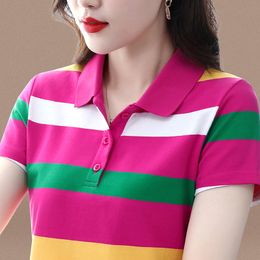 Color striped short sleeve t-shirt women's summer 2024 new lapel casual women's polo shirt top Clothing