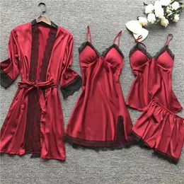 Home Clothing Lace Splicing Pyjama Set Elegant Silky Pyjamas With Spaghetti Strap Top Pleated Cardigan Coat Matching Shorts Women's