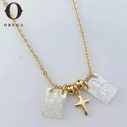 Chains Obega Gold Colour Cross Square Shell Women Necklace Virgin Mary Pattern Beads Charm Trendy Choker Fashion Jewellery