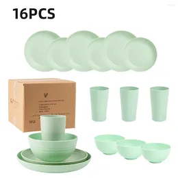 Dinnerware Sets 16Pcs Wheat Straw Cutlery Green Bowl Saucers Plate Portable Picnic Knife Fork Black Camping Full Tableware