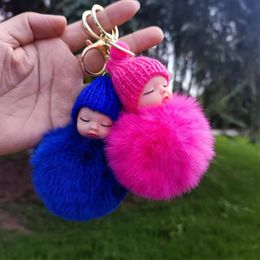 50Pcs Doll Pom Keychain Cute Fluffy Sleeping Baby Doll Keychain Pompom Car Keyring Wallet Bag Phone Pendant Bag Charm 240402