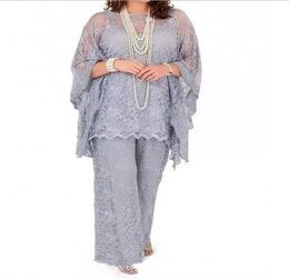 Plus Size Full Lace Mother of the Bride Pant Suits 2020 Sheer Long Sleeves Three Pieces Silver Formal Groom Mother Dresses Evening5582790