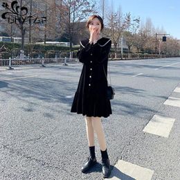 Casual Dresses UHYTGF Spring Autumn Women Doll Collar Long-Sleeved Canary Velvet Pullover Female Black Short Dress Ladie251