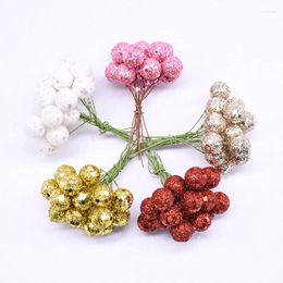 Decorative Flowers 10Pcs Glitter Fruit Stamens Cherry Artificial Flower Small Red Berries Beads For Wedding DIY Wreath Gift Box Decoration