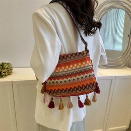 Totes Large Capacity Ethnic Style Crossbody Bags For Women Tassel Woven Bag Fringe Shoulder Messenger Geometric Bohemian