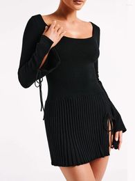 Casual Dresses Women's Fall Mini Dress Long Sleeve Scoop Neck Solid Colour Knit Short Pleated