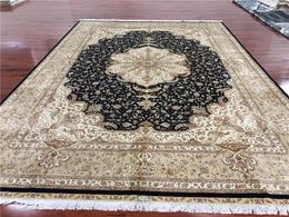 Carpets Persian Carpet Black Blue Floral Silk Rug Home Decor Living Room Size 10'x14'
